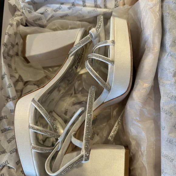 Badgley Mischka White Satin Heels with Silver Accents - Picture 1 of 5